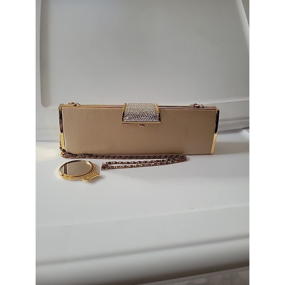 Daniella Vtg Gold & Rhinestone Clutch Shoulder Bag Evening Mirror 1980s 1970s